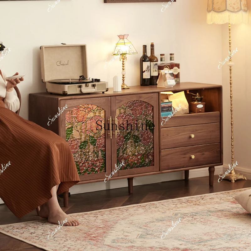 

Side cabinet integrated against the wall black walnut solid wood home retro multi-functional locker FT