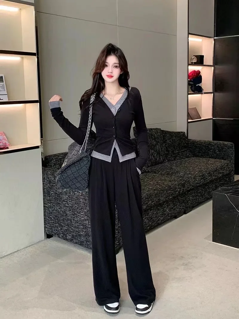 بالإضافة إلى حجم عارضة كسول نمط مجموعة المرأة الخريف سترة مفتوحة أعلى بالإضافة إلى حجم عالية الخصر بنطال ذو قصة أرجل واسعة قطعتين مجموعة