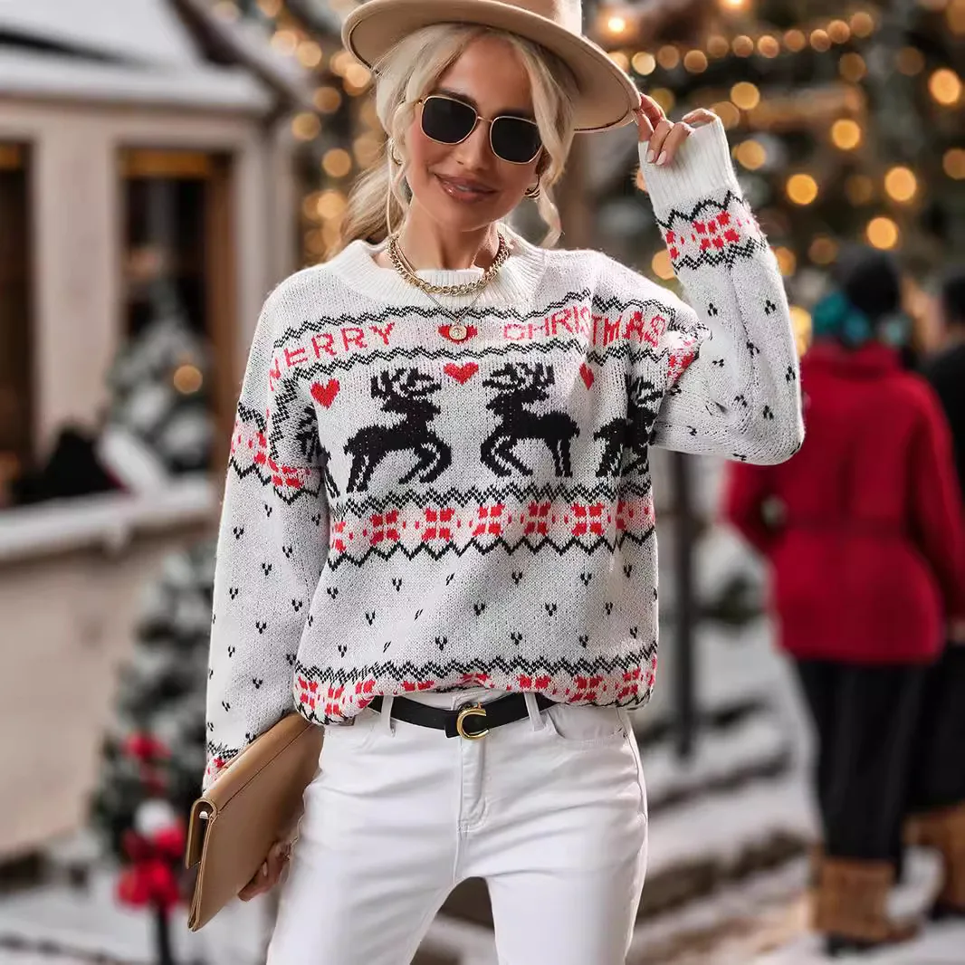 Women's Reindeer Knitted Round Neck Pullover Christmas Sweater