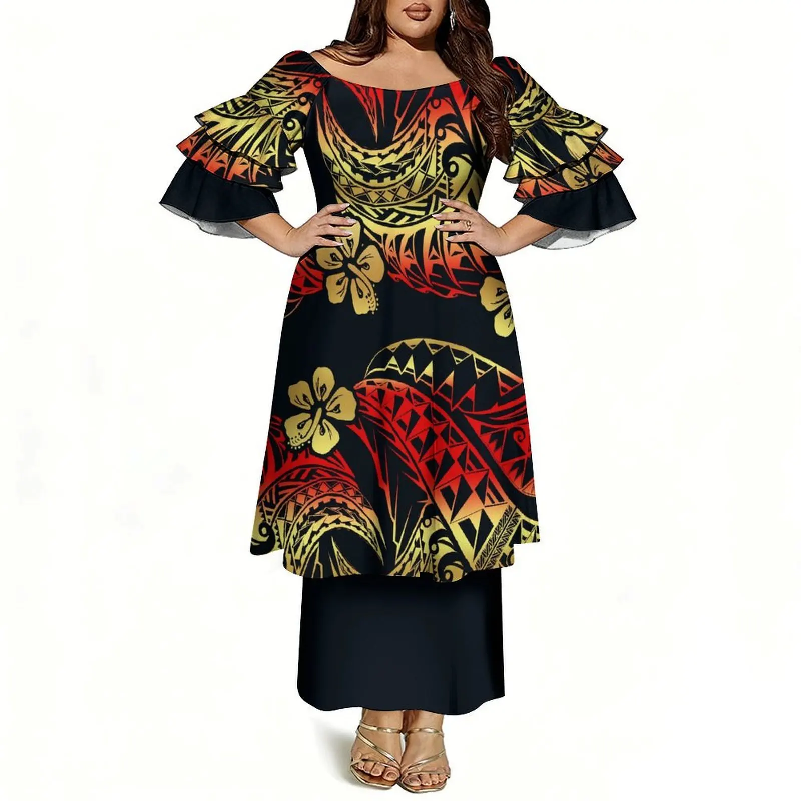 

Design Three-Layer Sleeve Round-Neck Fitted Slimming Women'S Suit Skirt Polynesian Custom Wholesale Puletasi Elegant Suit Skirt