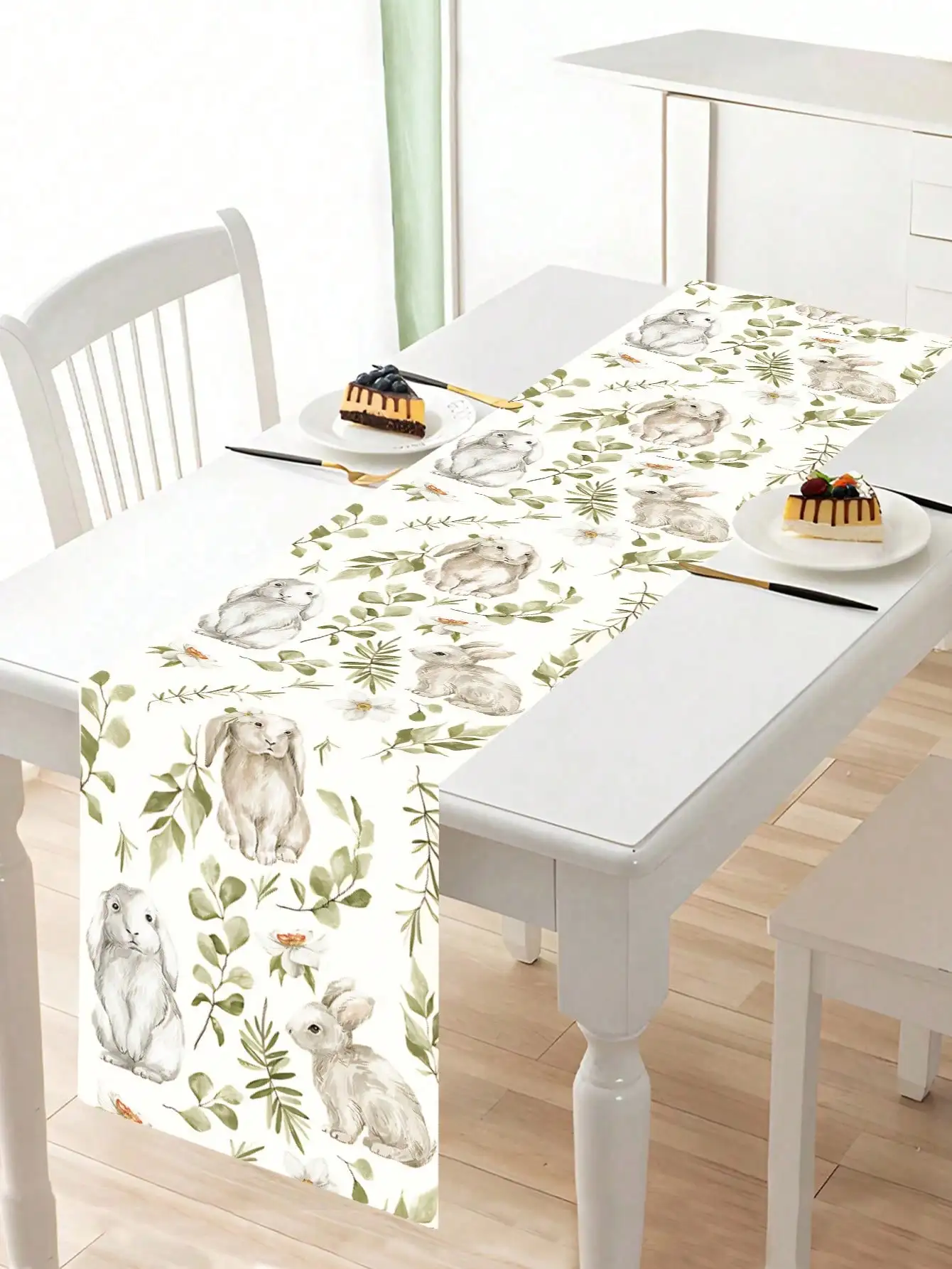 1 Piece Fresh Watercolor Gray Rabbit Table Runner, Forest-Style Green Leaf Floral Table Runner, Easter Decorative Table Runner, Home Party Table Decoration Supplies