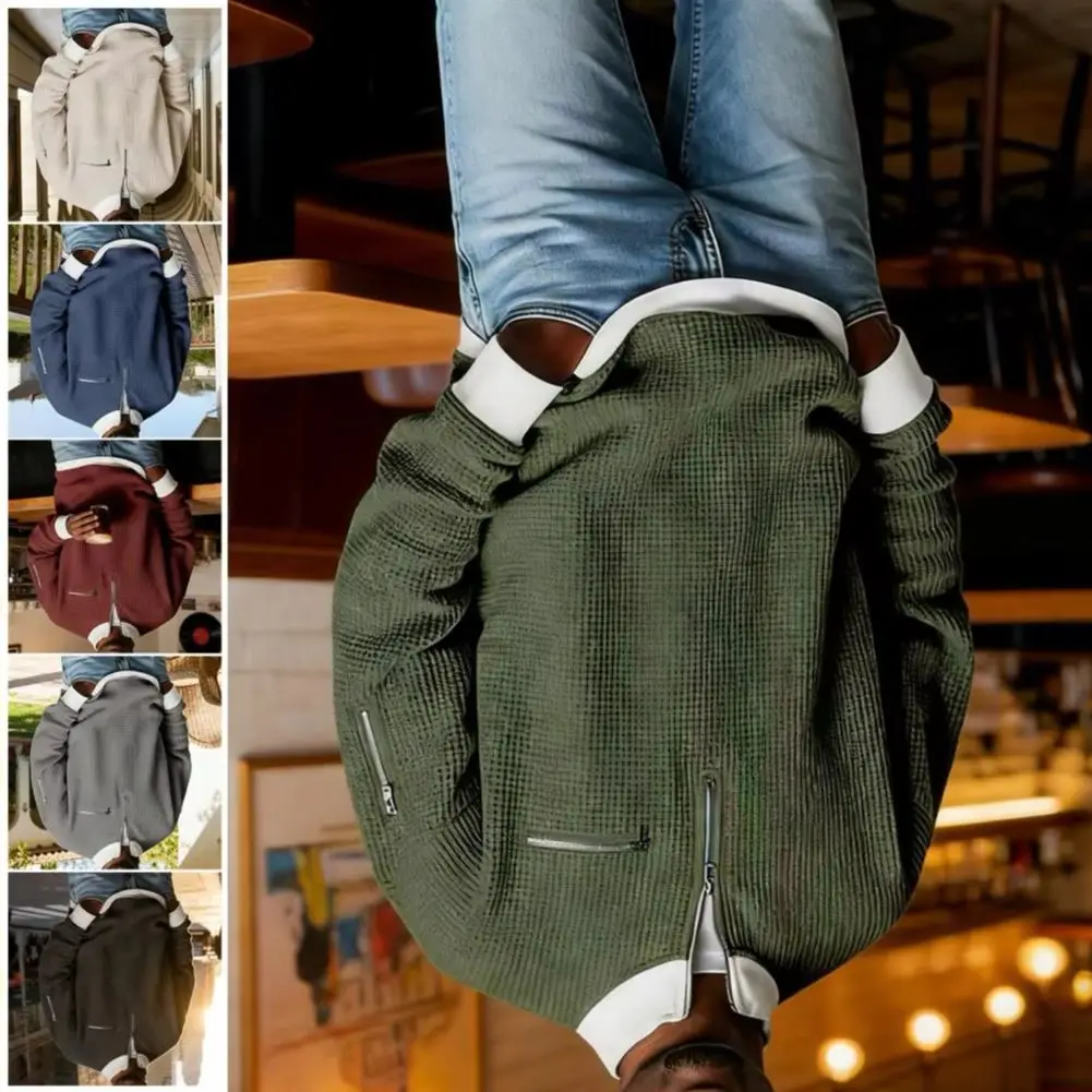 

Sports Waffle Sweatshirt Heavy Selling Stand Up Collar Contrasting Zipper Hoodie Men's Fashion Casual Men Color Block Hoodie