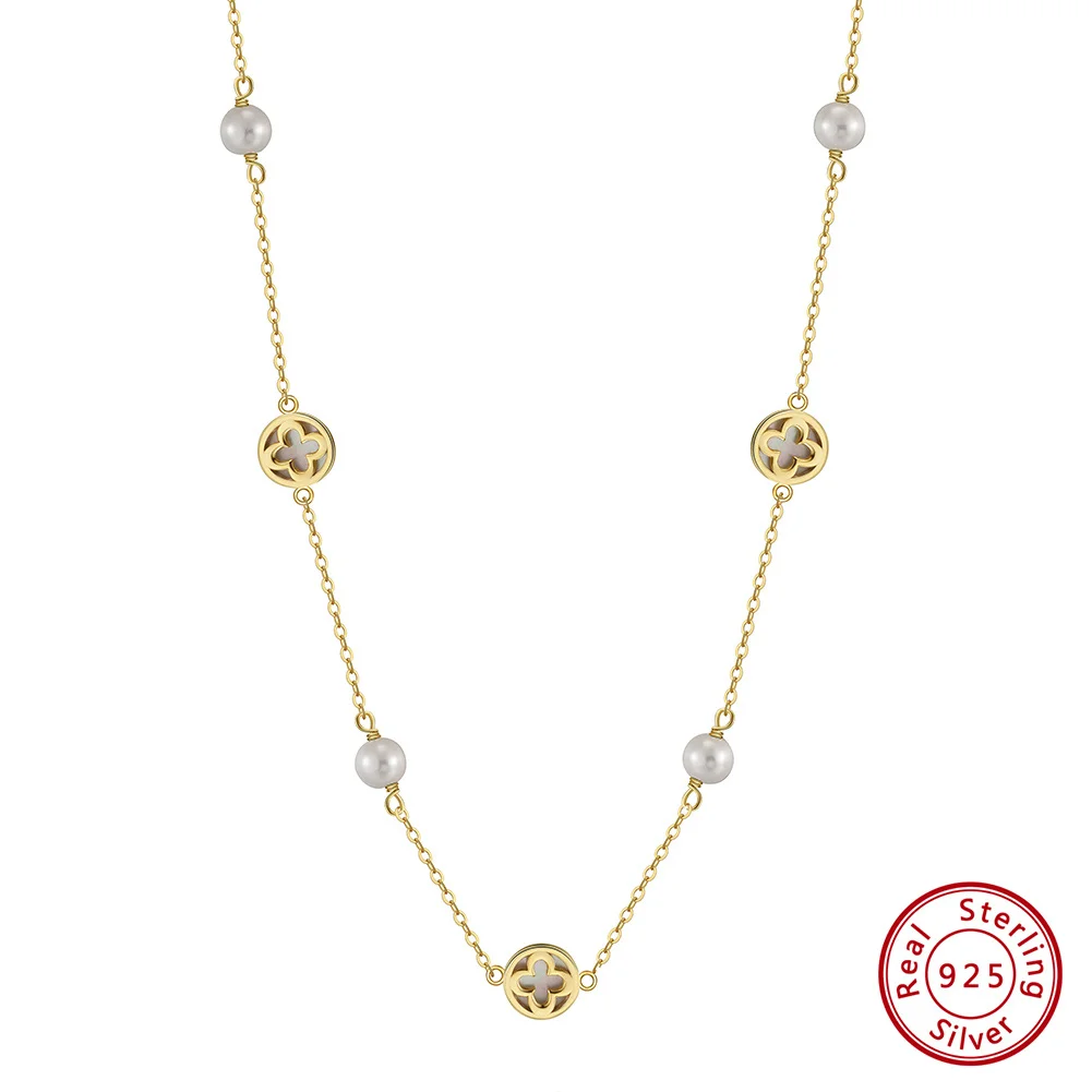 

Kiss Mandy Exquisite Freshwater Pearl Luck Clover Long Chain Necklaces 925 Sterling Silver Collar Wedding Banquet Jewelry GMN63