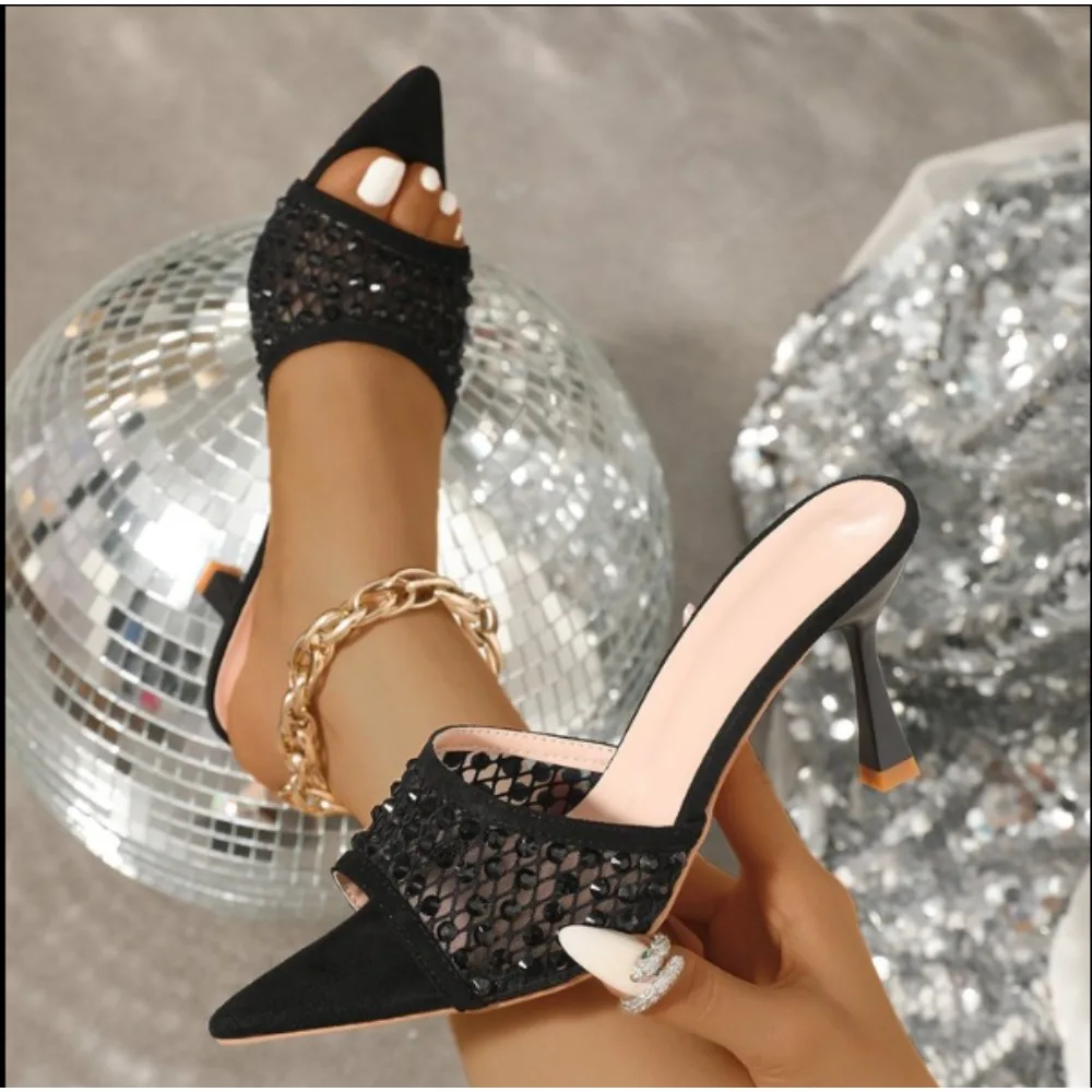 

Summer High Heels Slippers Women Sexy Pointed Peep Toe Party Shoes Woman Mesh Hollow Out Stiletto Modern Slippers Woman