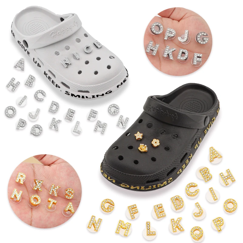 Diamond Letter Charms Gold Silver Pin Shoes Accessories Garden Shiny Rhinestones Shoe Decorations Jibz Charm Gift 1Set