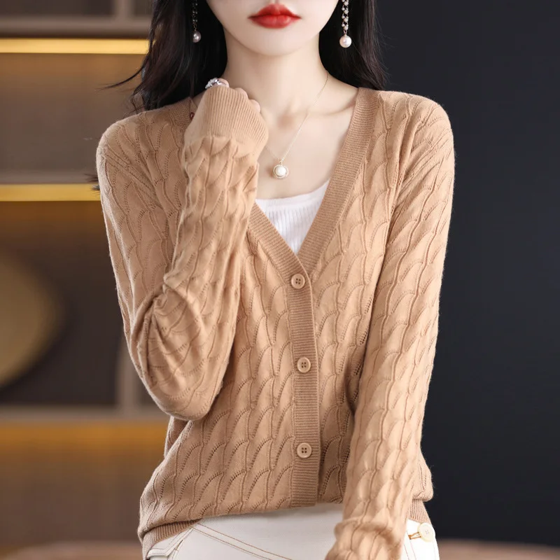 

2024 New Spring and Summer Hollow Cardigan V-neck Top Thin Large Size Women's Worsted Wool Sweater Coat Wholesale