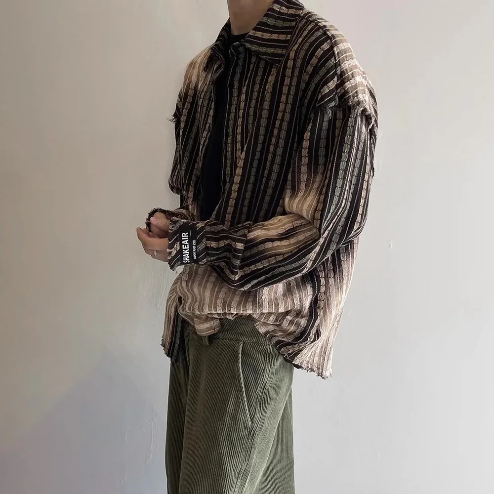 Y2K Mens Shirt Striped Handmade Mottled Faded Long Sleeved Shirt Autumn Washed Daisy Jacquard Vintage Top Men's Clothing 2024