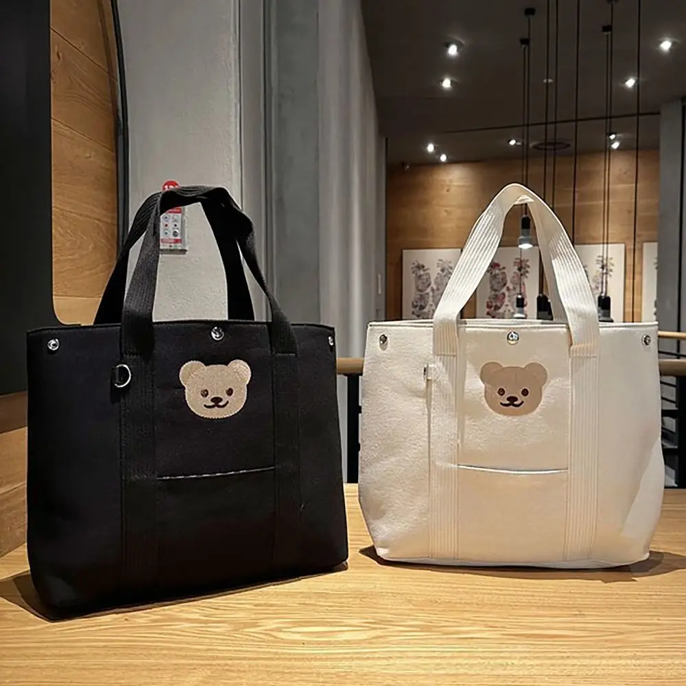 Canvas Bucket Handbags Casual Large Capacity Bear Embroidery Stroller Hanging Bag Korean Style Tote Bag Women Top-Handle Bags