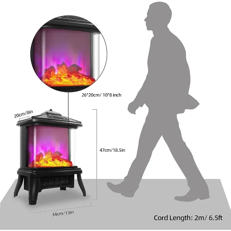Electric Fireplace Heater 1500W 3 Sided Portable Freestanding Stove Heater Realistic Flame Effect 7 Colors& 3 Brightness