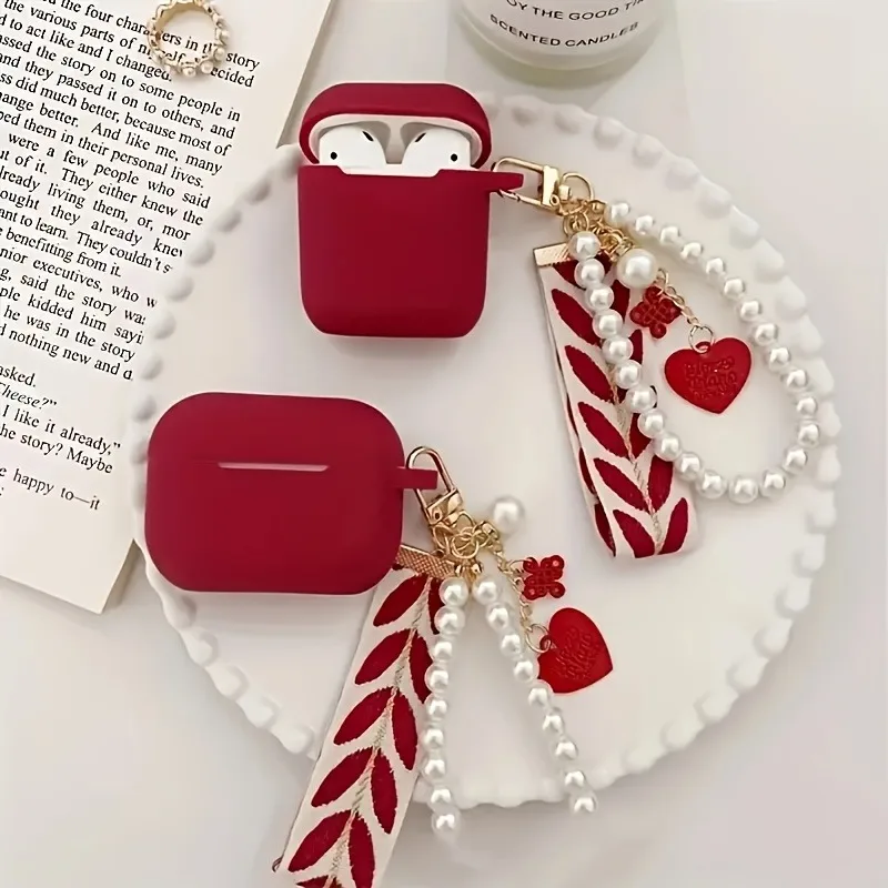 Capa de fone de ouvido de silicone vermelho vinho para apple airpods 1/2/3/4 para airpods pro2 e pro caixa de fone de ouvido bluetooth com chaveiro de pérola