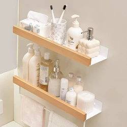 Estantes de almacenamiento de baño, estante de baño de madera montado en la pared sin perforaciones, tablero de condimentos, estante de ducha, organizador de estante de baño