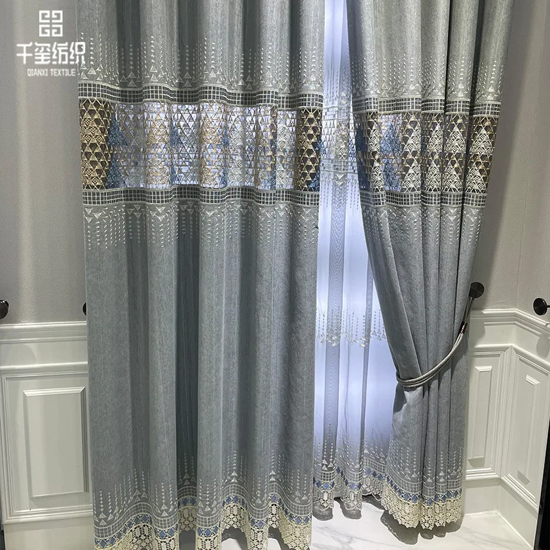 Light Luxury Gray Blue Hollowed Out Water-soluble Embroidered Window Screen Chenille Curtains for Living Room Bedroom Balcony