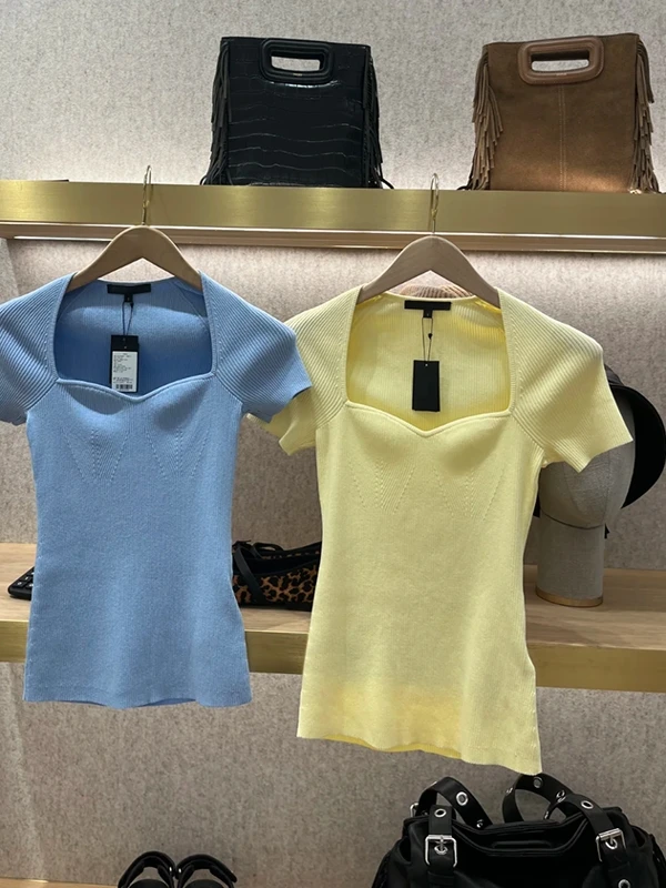 

Slim Fit Pure Color Short Sleeve Knitted Shirt Square Collar Early Spring Fashion Women's Casual Wear Heidd Brand