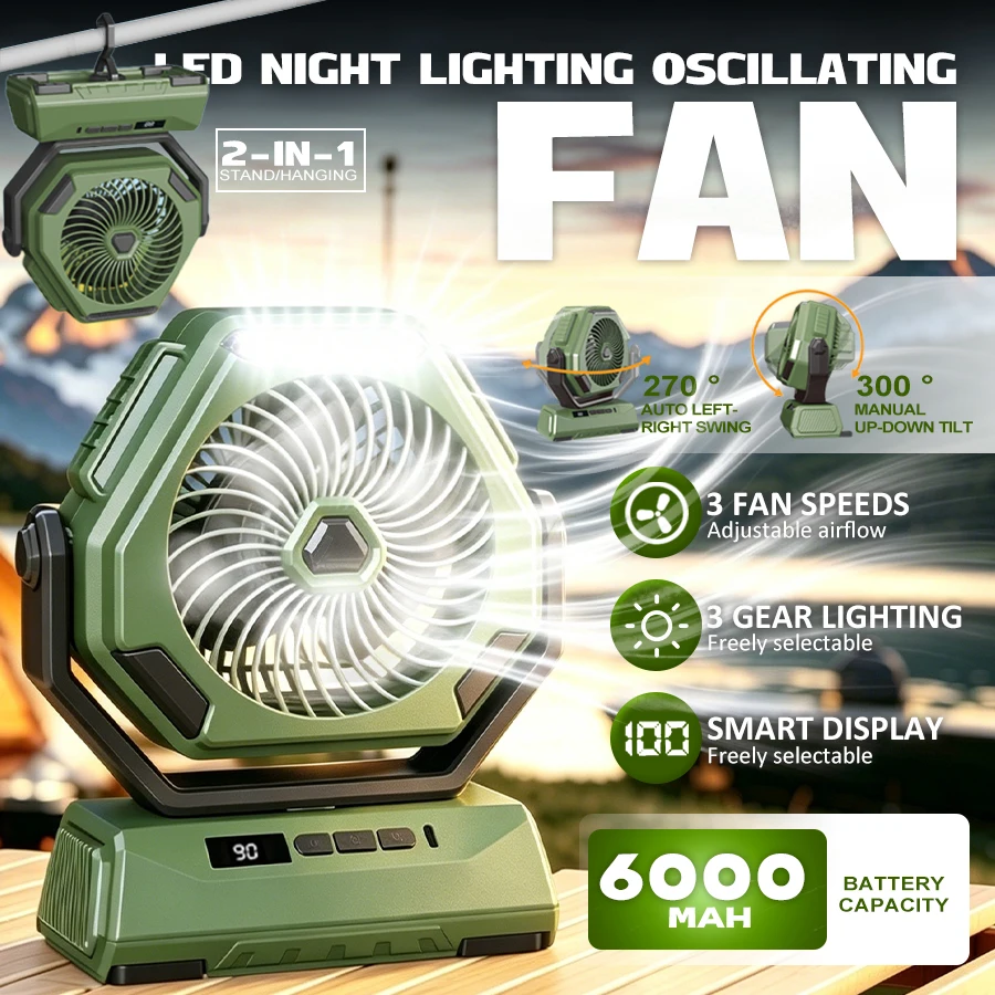 1PC Camping Fan, 300° Swivel, LED Screen & Light, 3-Level Brightness, Clip/Desktop/Hanging USB Fan for Tent Outdoor