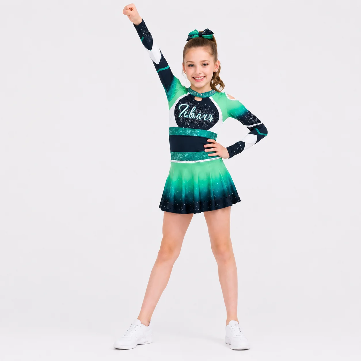 Girls Rhinestone Cheerleading Dress Long Sleeve Green Black Gradient Star Team Competition Dance Uniform Kid Performance Costume