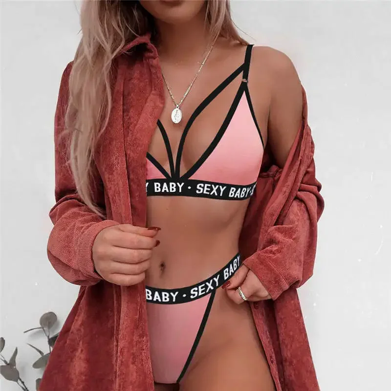 Exotic Sets Sexy Women\'s Sports Bra Set Without Underwire Bandage Corset Letter Bra + Thong Sexy Bikini Top Panties Sex Clothes