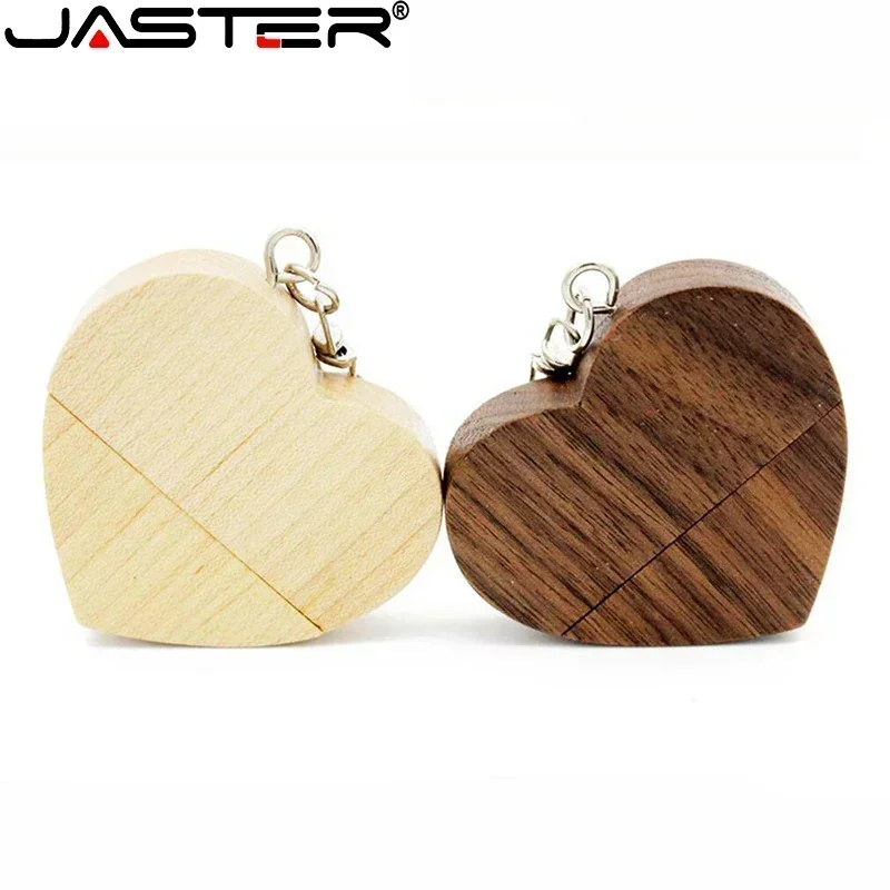 JASTER-lápiz de memoria USB 2,0 + caja, Corazón De Madera de nogal, logotipo personalizado gratis, con llavero, regalo de boda, disco U, 8G