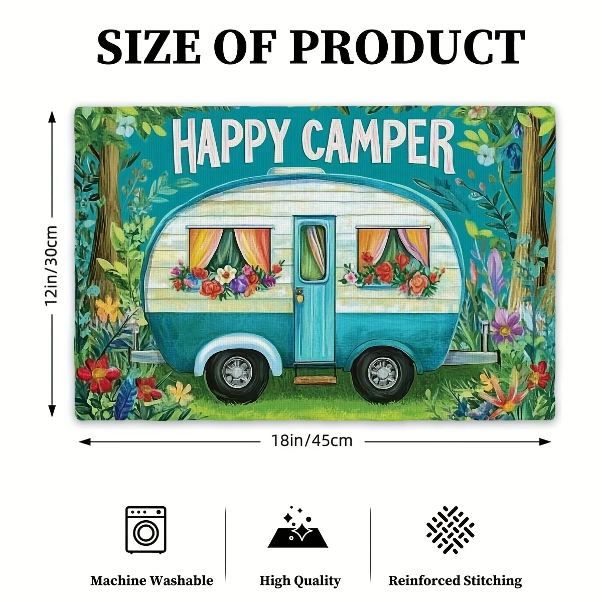 4pcs Happy Camper Vintage Trailer Placemats Set of 4 Nature Themed Linen Table Mats for Outdoor Lovers Decor