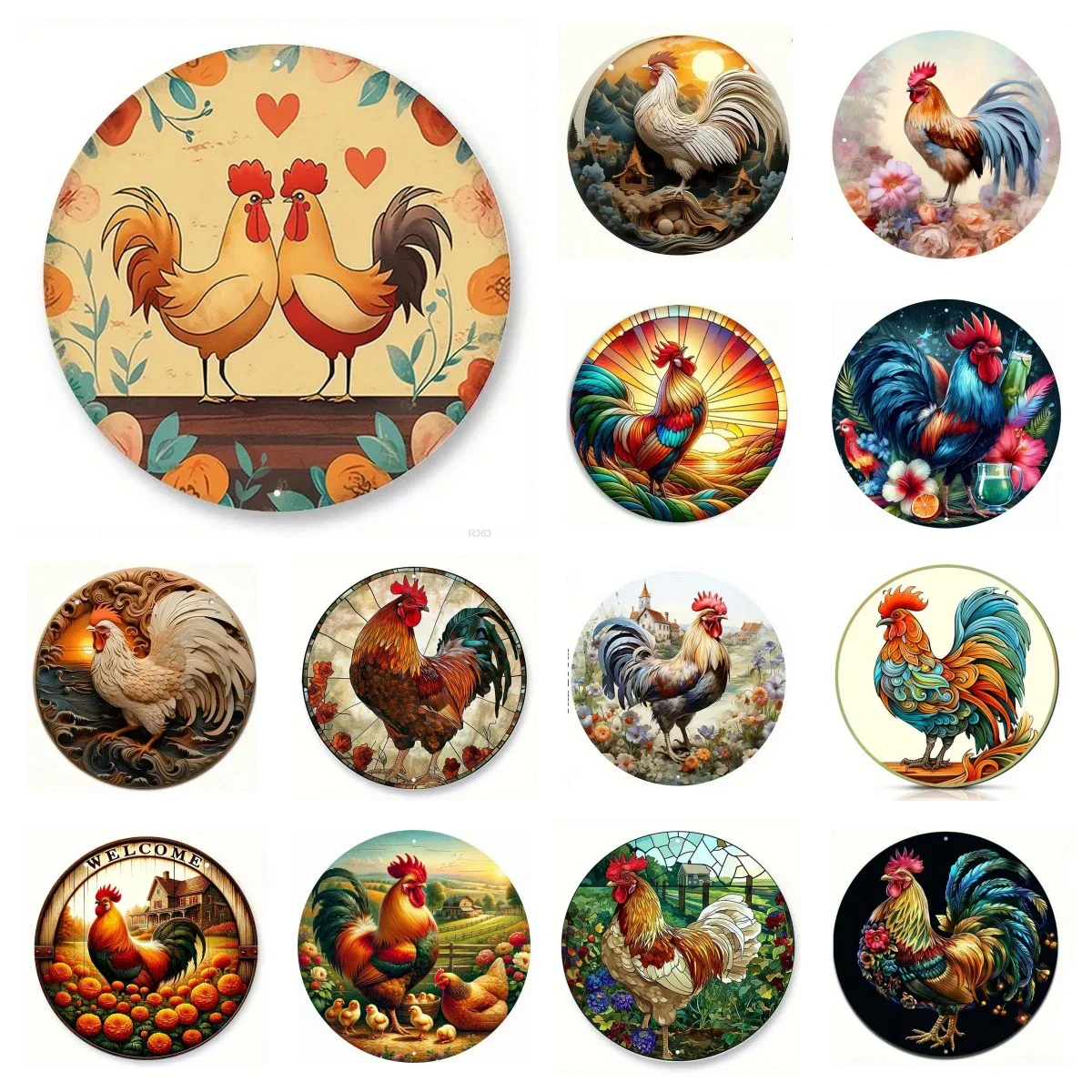 Retro Round Metal Tin Signs 2D Flat Roosters Decor Pattern Nostalgic Iron Painting Novelty For Cafe Bar Man Cave Wall Decor