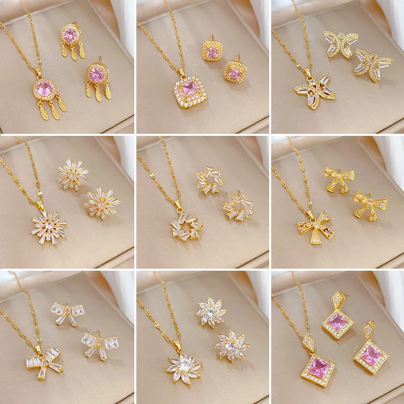 

Royal Court Style Square Pink Crystal Several Flower Geometric Necklace Earrings Set Women Luxury Wedding Jewelry Girl Gift