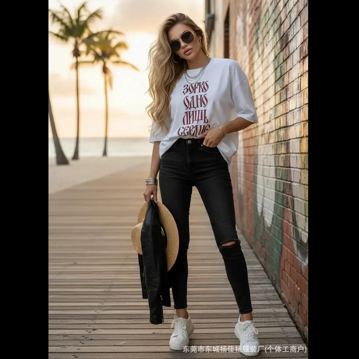 Retro Slavic Folk Retro White Oversized Tee Vertical Gothic Cyrillic Russian Letter Print Soft Cotton Loose Women Street T Shirt