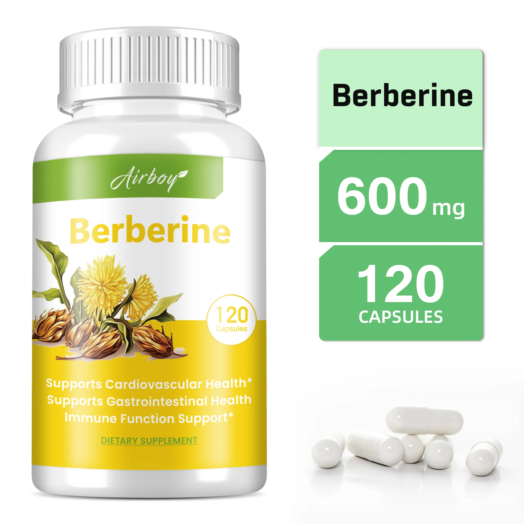 

Berberine - Promotes Cardiovascular and Cholesterol Health, Immune System, Antioxidants - 120 Capsules