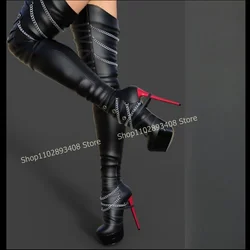 Black Metal Chain Platform Elastic Boots Round Toe British Style Knee Sexy Women Boots Fashion Shoes 2023 Zapatos Para Mujere