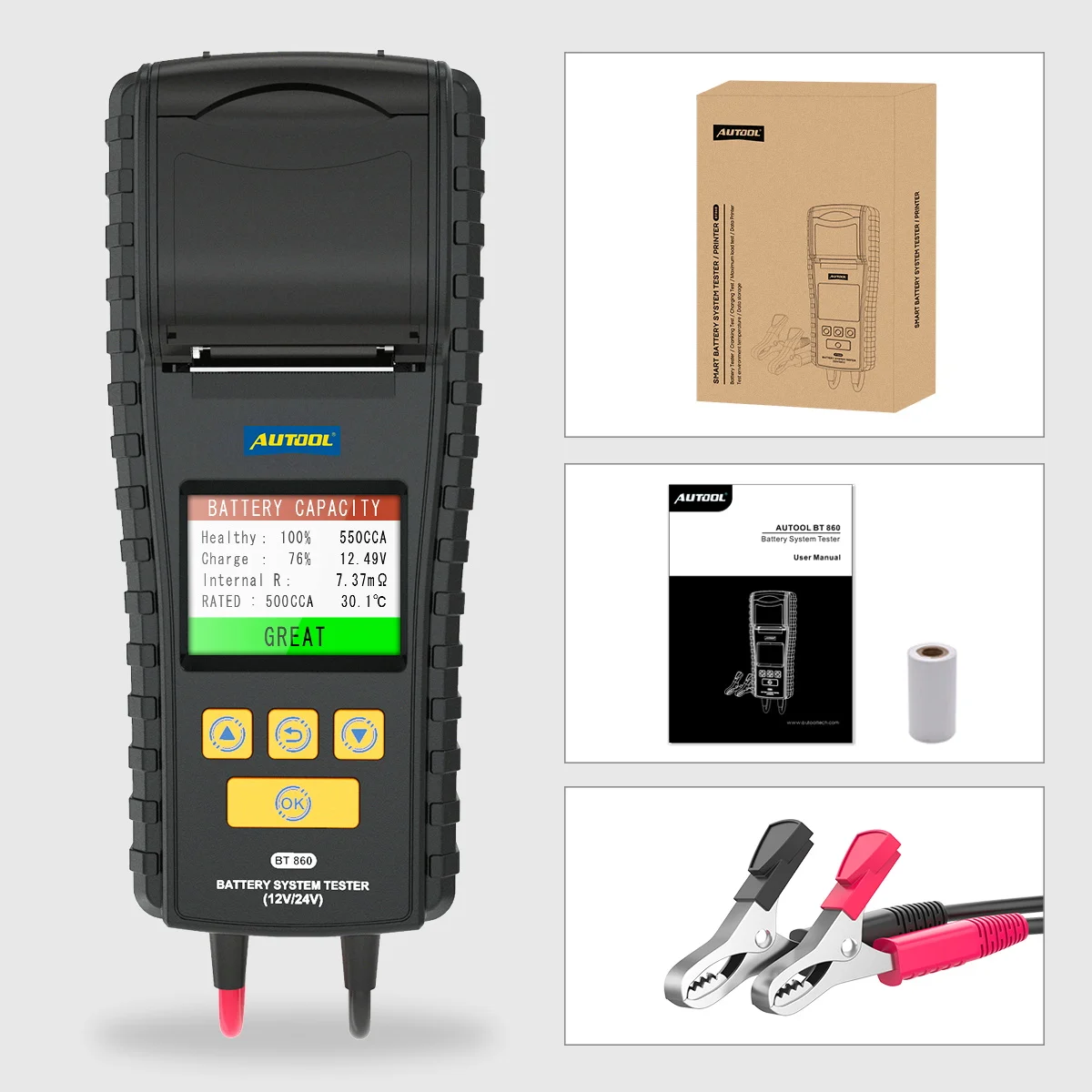 AUTOOL BT860 自動車バッテリーテスター 車載充電器 24V 12V バッテリー トラック クランキング充電テスト プリンター付き データレビュー機能搭載