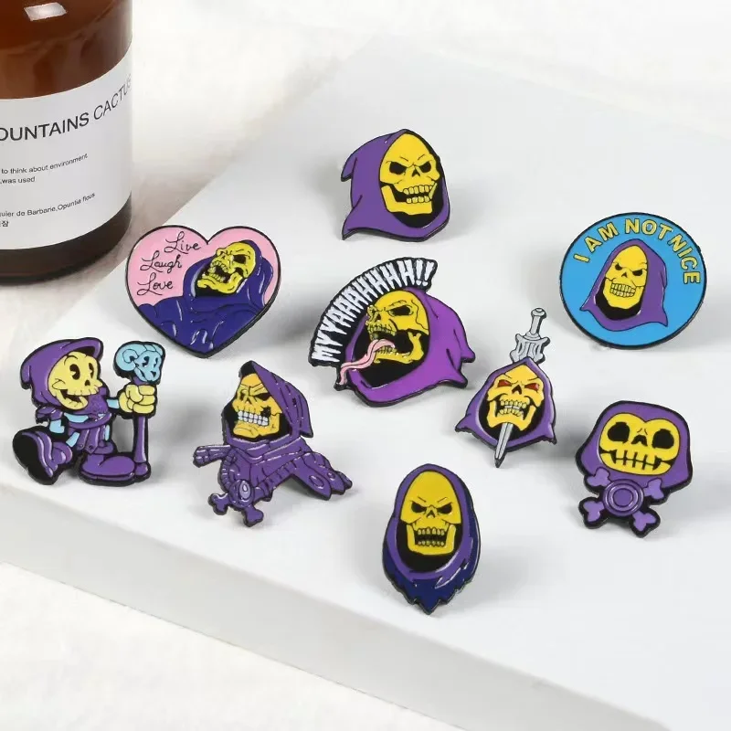 Skeletor Purple Hood Halloween Enamel Pins Custom Master Universe Brooches Backpack Lapel Badges Cartoon Jewelry Gifts Wholesale