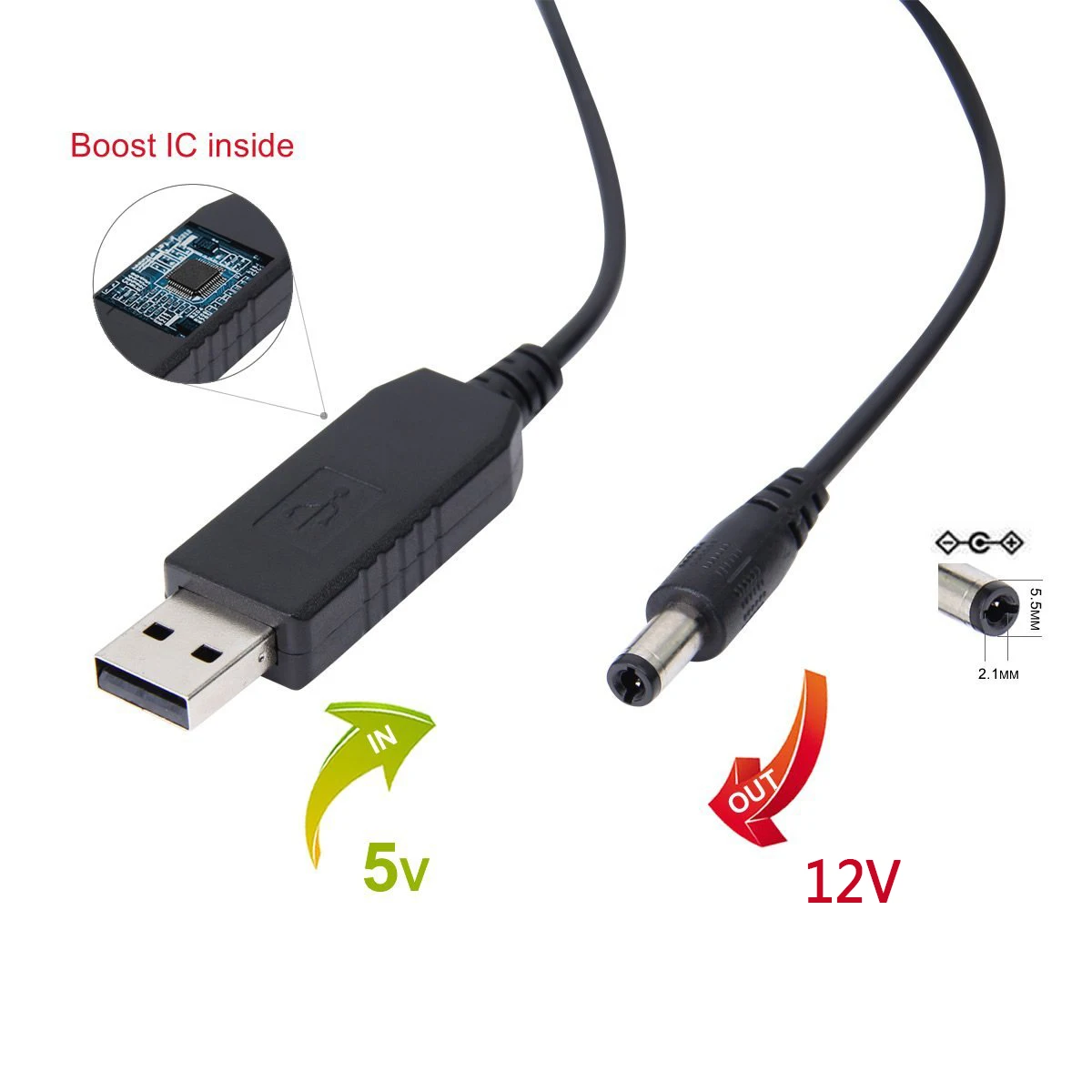 USB-DC 변환 케이블, 전압 스텝 업 케이블, 5.5x2.1mm, DC 수 1m, 5V-12V, 신제품