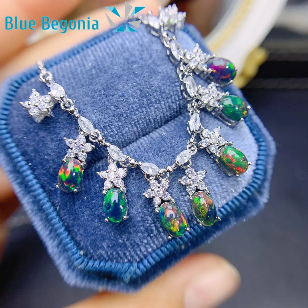 Natural Australia Black Opal Pendant for Women Anniversary Gift 7pcs 4*6MM Gemstone Necklace Fine Jewelry 925 Sterling Silver