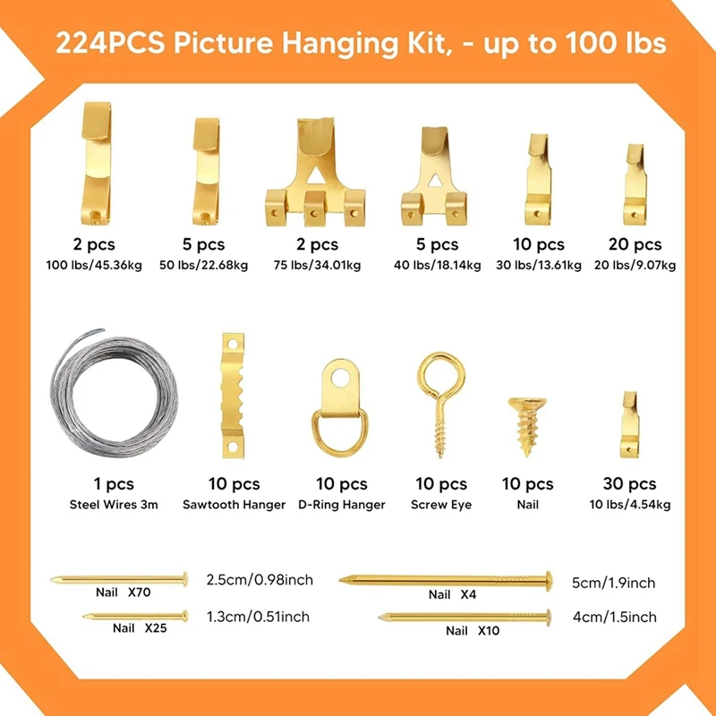 Picture Hanging Kit, Picture Frame Hanger Tool with Level Measuring Ruler, Including 226 Pcs of Wall Hanging Kit-A33R