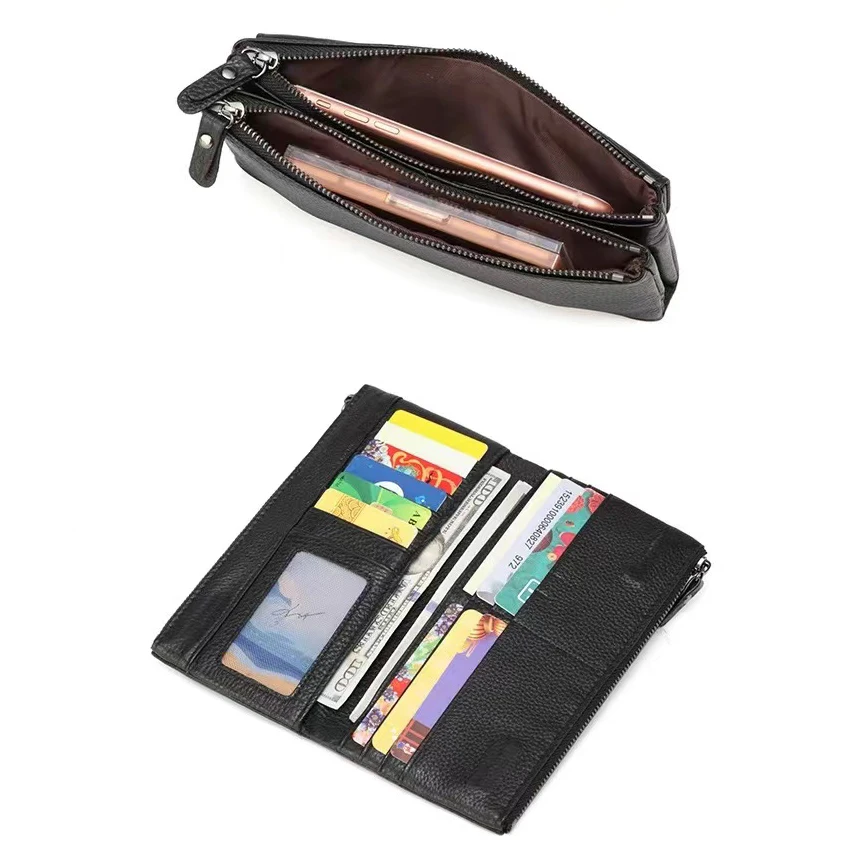 Dompet Wanita Dompet Ritsleting Ganda Panjang Kulit Sapi Tas Tempat Kartu Kredit Kapasitas Besar Warna Polos Sederhana dengan Saku Koin