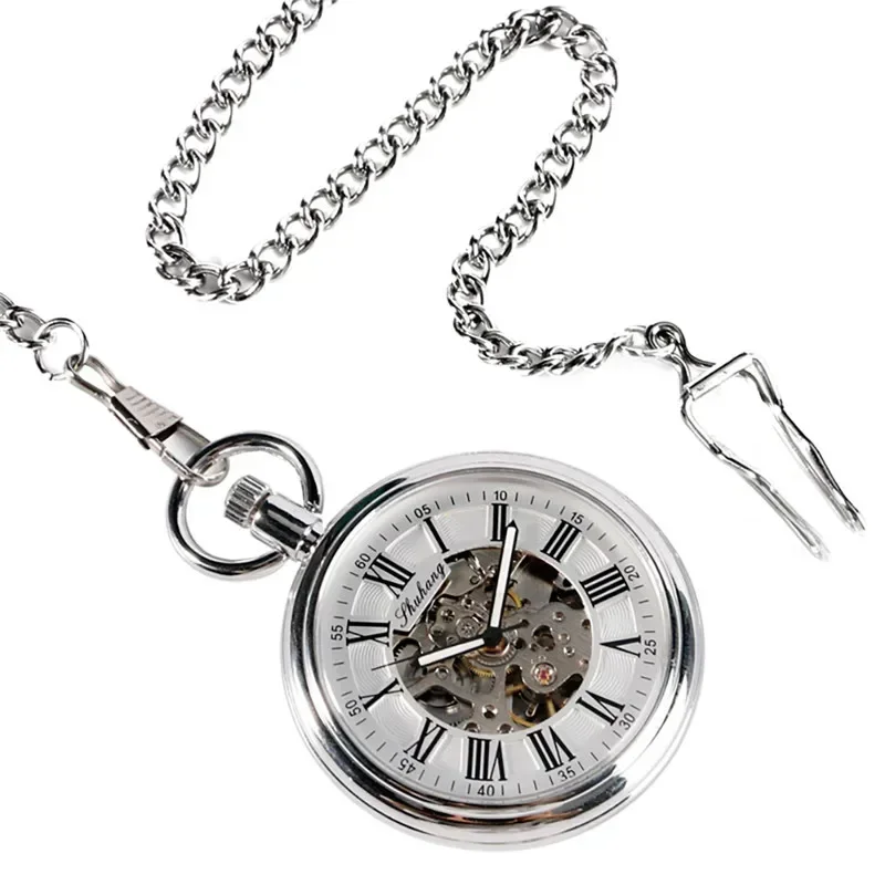 Antique Style Open Face Pocket Watch Unisex Automatic Mechanical Watches with Luminous Hands Roman Number Design Pendant Chain