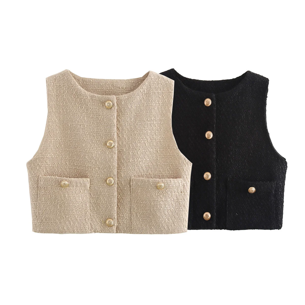 

2024 Fall Luxury Clothes Women Solid Button Front Waistcoat Tweed Vest Black Workwear Causal Suit Vest Sleeveless Jacket Elegant