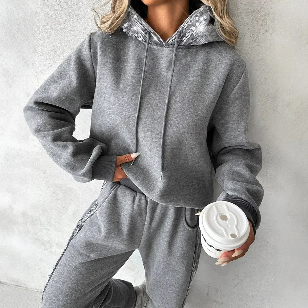 Contrast Sequin Hooded Sweatshirt & Pocket Design Sweatpants Set Women Autumn Winter 2pcs Clothes Suit