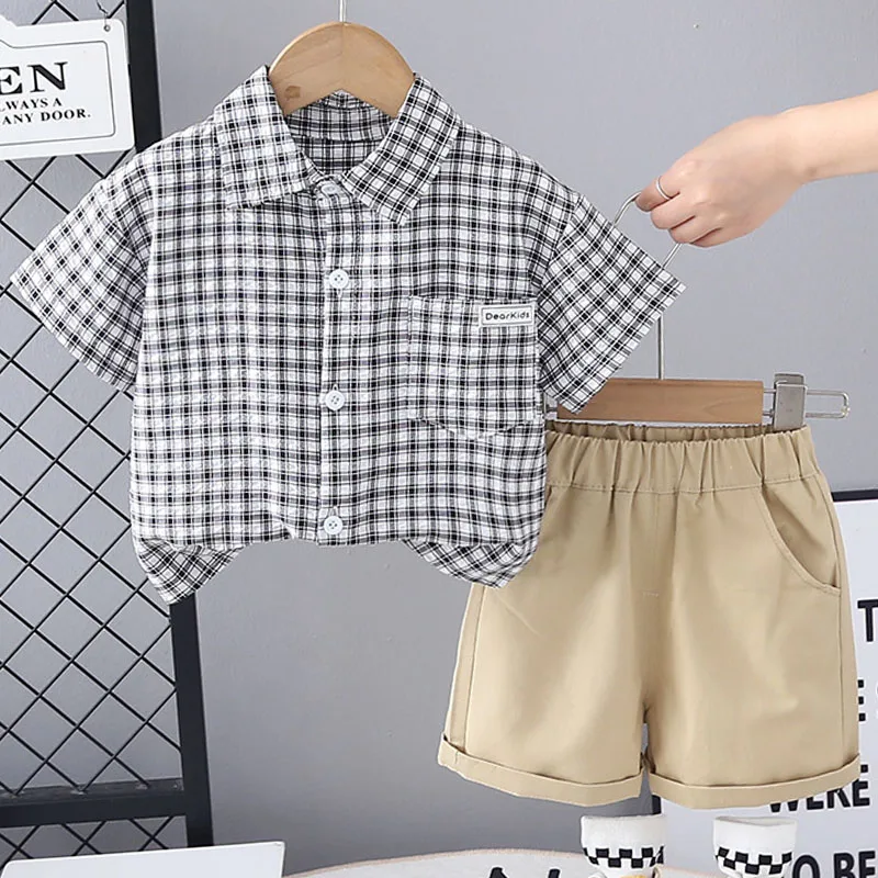 

2Piece Sets 2025 Summer Baby Boy Clothes Korean Casual Fashion Plaid Short Sleeve Cotton Tops+Shorts Boutique Kids Clothing B069