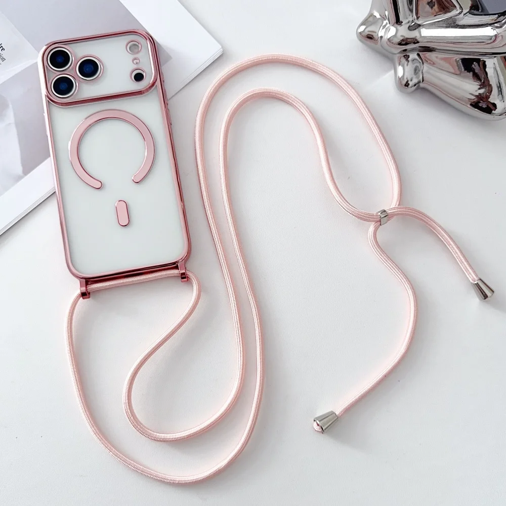 Luxuriöse Halskettenschnur-Lanyard mit magnetischer, transparenter Handyhülle für iPhone 18 17 16 14 11 12 13 15 Pro Max für Magsafe Cover