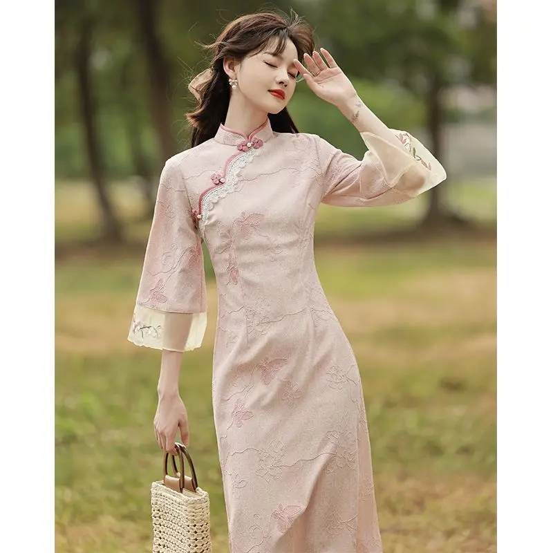 

2023 New Pink Cheongsam Embroidery Lace Women Dress Vintage Long Improved Sleeve Chinese Traditional Qipao S To XXL