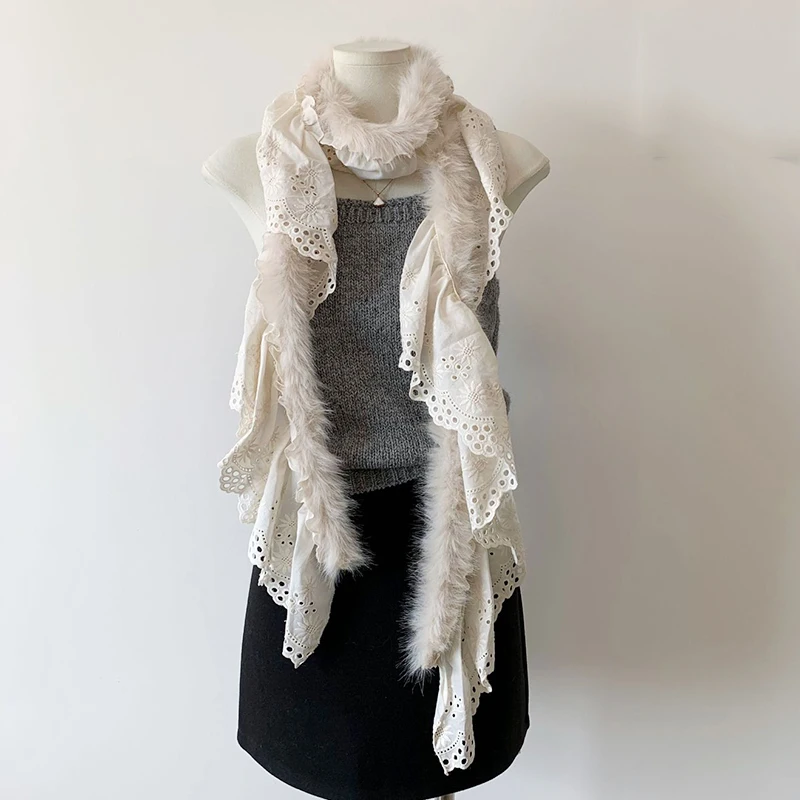 

Шарф уникального дизайна для женщин и девочек Y2K, кружевные меховые лоскутные длинные шарфы, бежевый, черный, 210 см