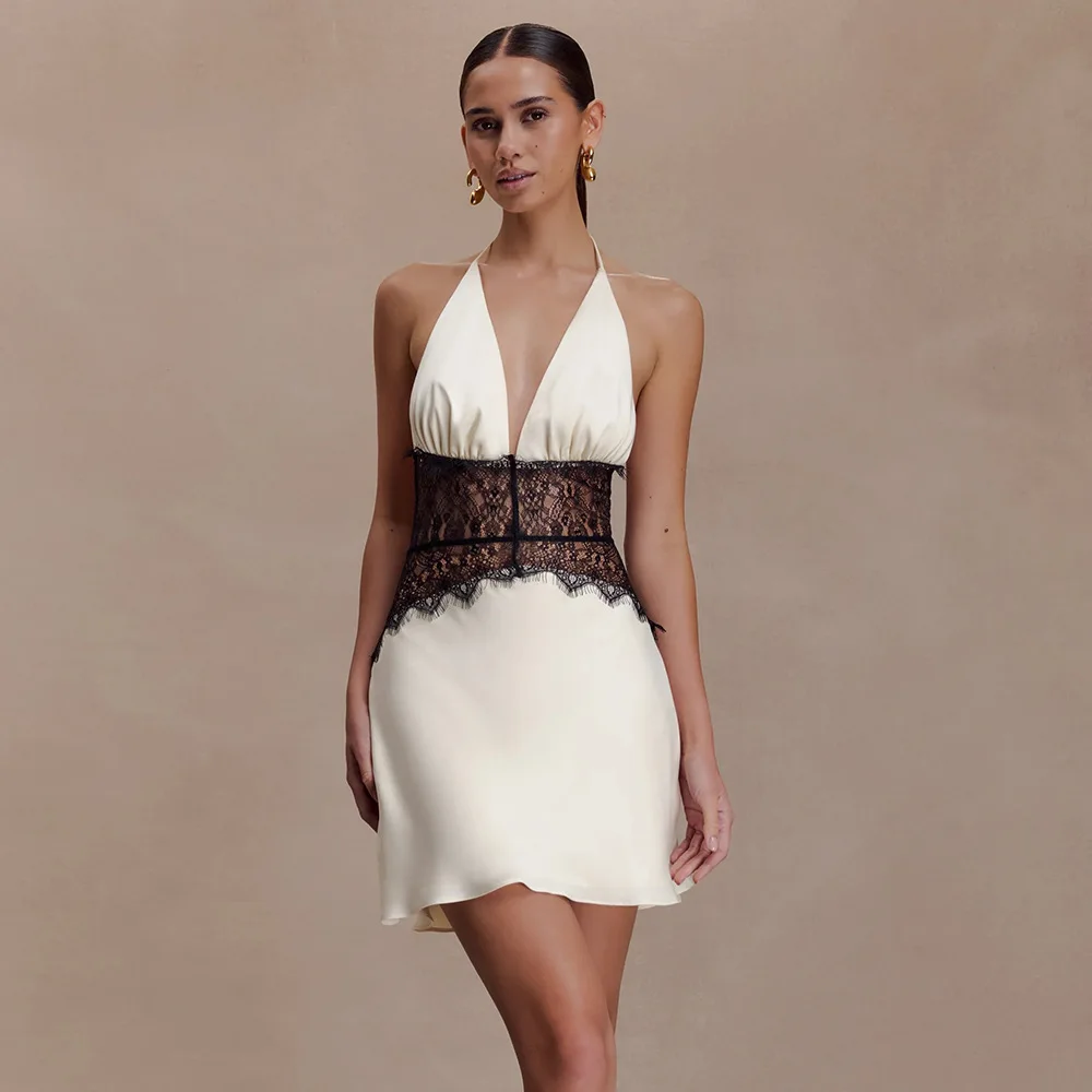 

Women's Formal Party Evening Gown Sexy Mini Dresses Halter V Neck Sleeveless High Waist Dress