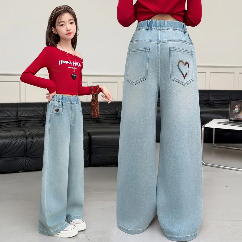 

Teen Girls Wide-leg Jeans Child High Street Spring Autumn Casual Denim Pants New Fashion Kids Rainbow Heart Embroidery Trousers