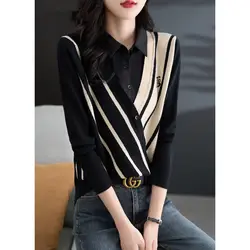 Casual Temperament Fake Two Piece Knitted Shirt for Women's Spring Autumn New Western Style Fashion Striped Splicing Shirt Top