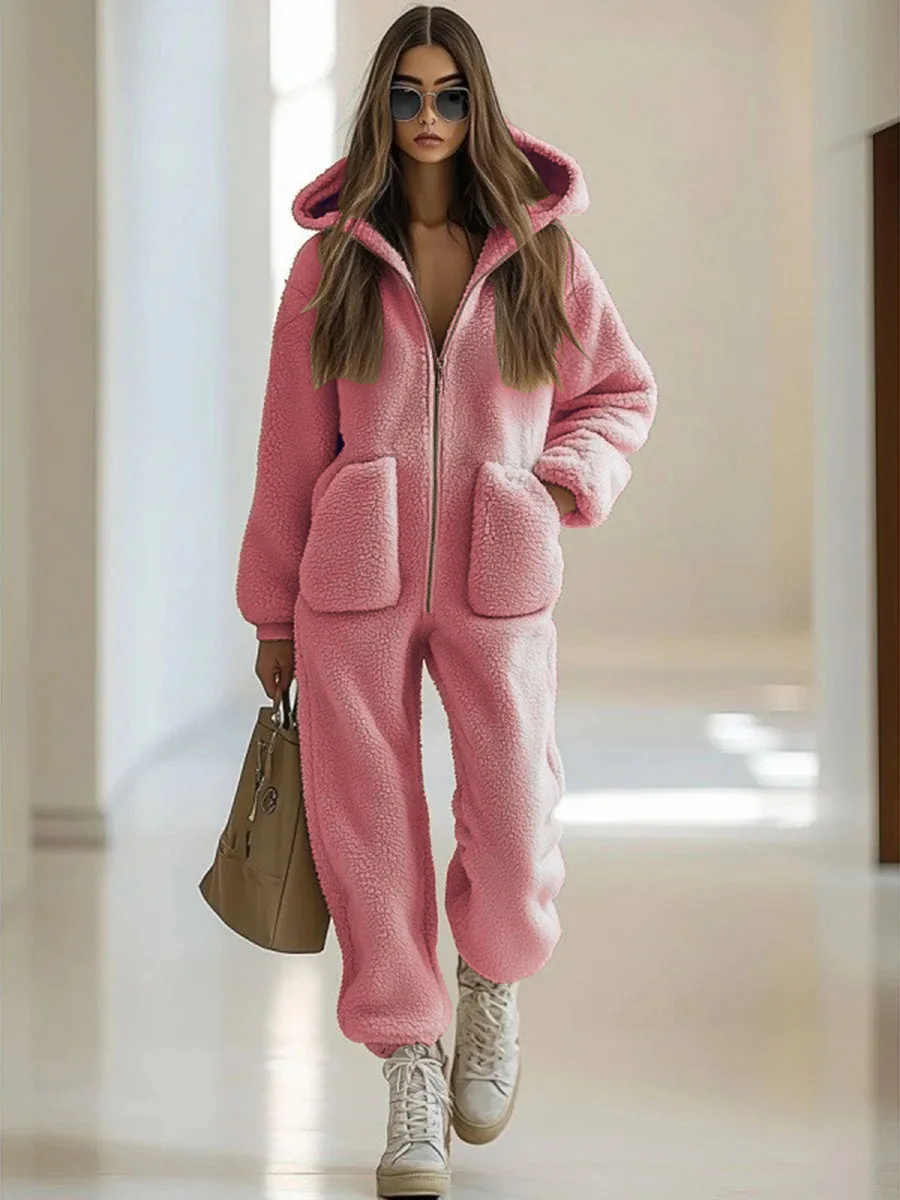 Damski kombinezon z kapturem, ozdobny, luźny, z prostymi nogawkami, plus size, długie spodnie, wysoki stan, do pracy, z włókna poliestrowego.