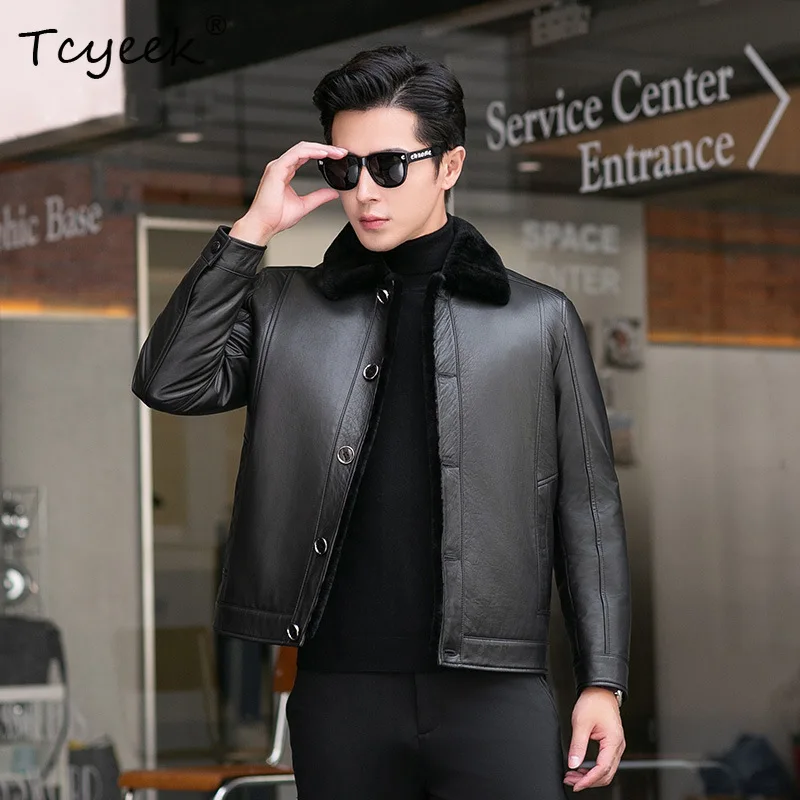 Tcyeek Natural Sheepskin Fur Coat Business Casual Genuine Leather Jacket Men 2025 Winter Mens Clothes Black Куртка Мужская 2025