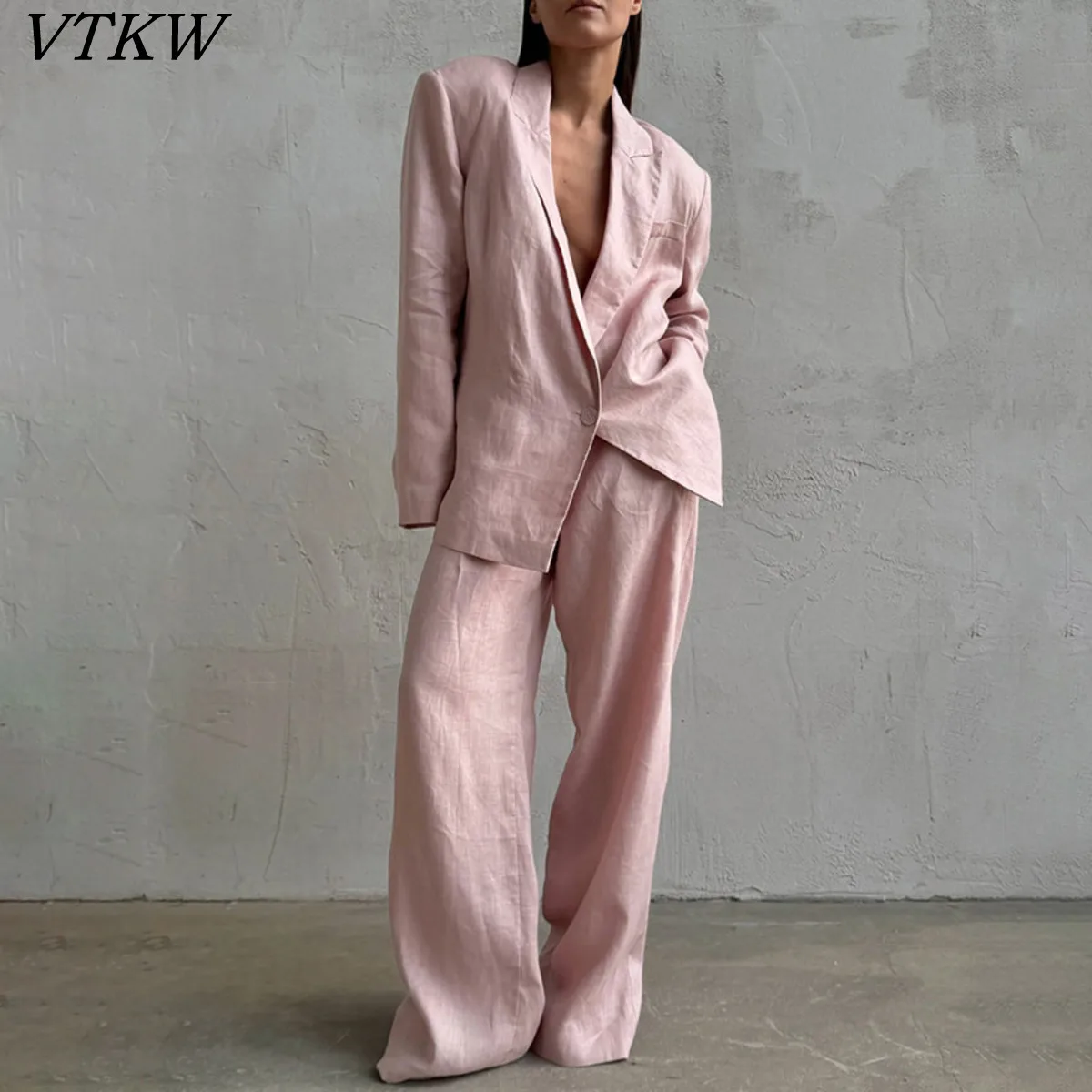 

VTKW 2026 New Women's Pink Linen Two Piece Set Elegant Blazer With Belt Wide Leg Pants Casual Formal Wear
