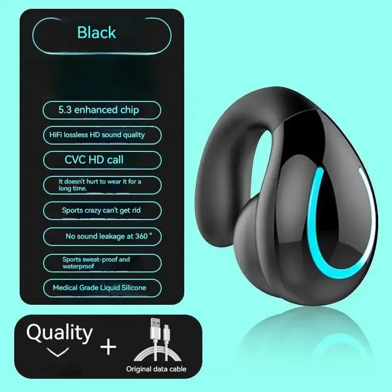 LED Monaural Open-Ear Bone Conduction Headphones Wireless Bluetooth Earbuds Hifi Sound Earphones ENC Waterproof Sports Headsets