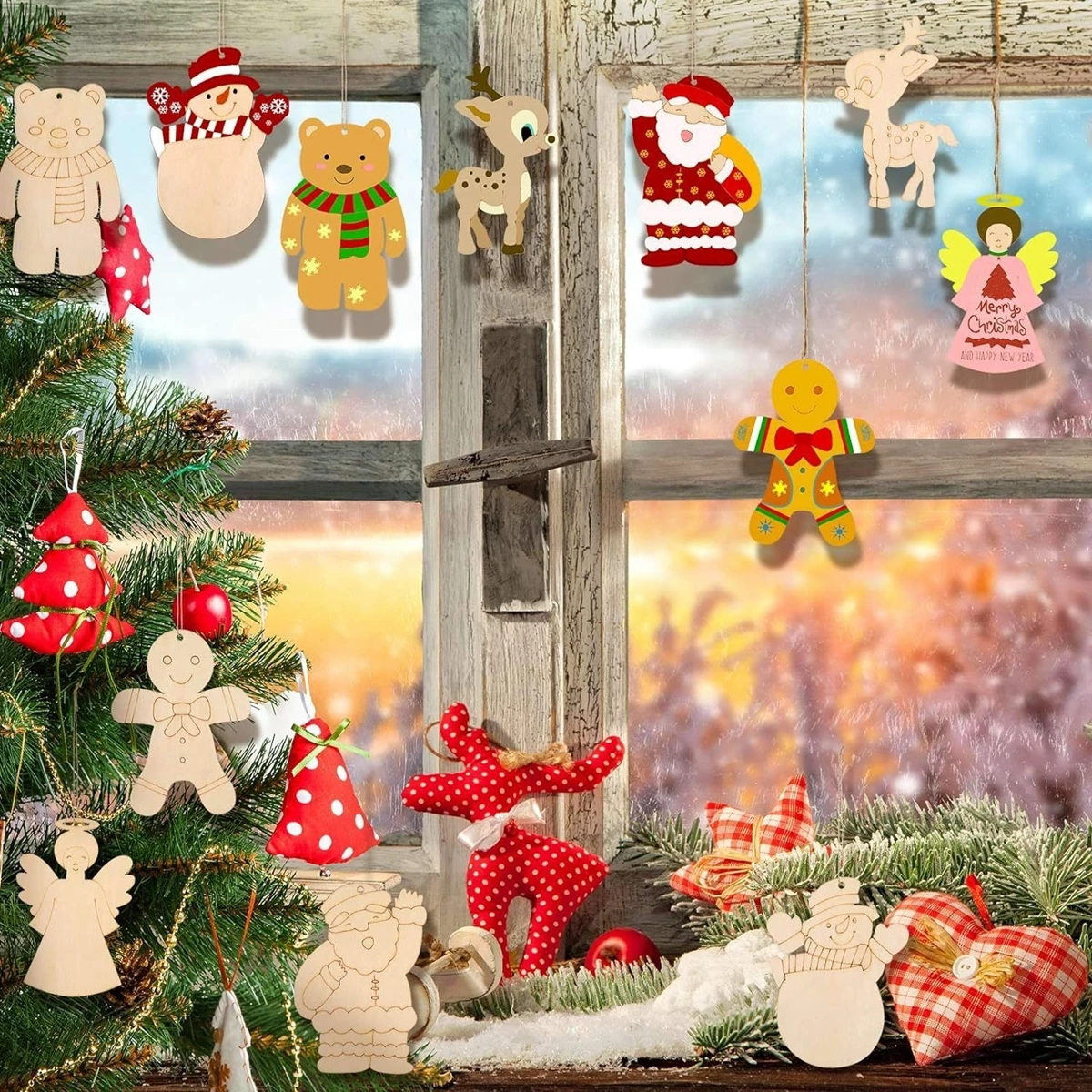 10Pcs Christmas Wooden Ornament Carton Santa Snowman Bear Hanging Pendant For Noel Party Decor Kids DIY Painting Gifts Supply