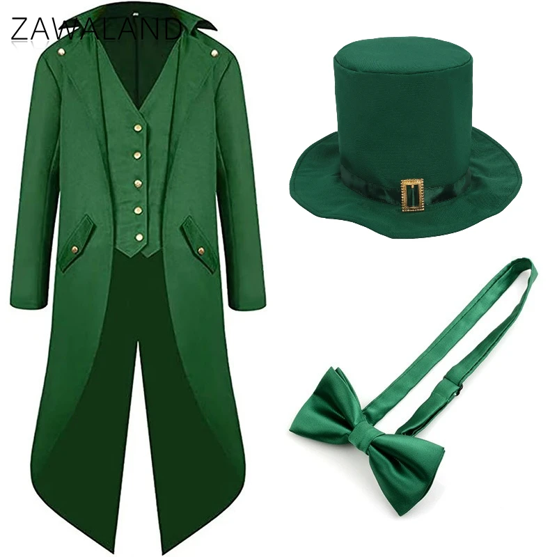 

Solid Green Tailcoat St.Patrick's Day Cosplay Costume Gothic Retro Coat Father Son Matching Set Carnival Top Hat Party Bow Tie