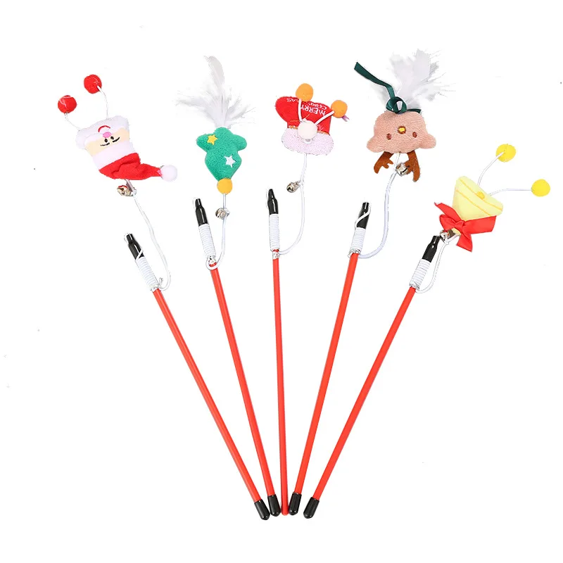 Cute Tease Cat Sticks Christmas Theme Pet Interactive Sticks Cartoon Santa Claus Xmas Tree Plush Doll Bell Cat Toys Pet Supplies